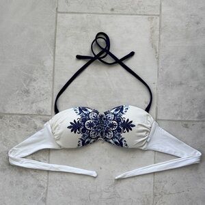 La Vie En Rose White Bikini Top with Navy Blue Floral Print